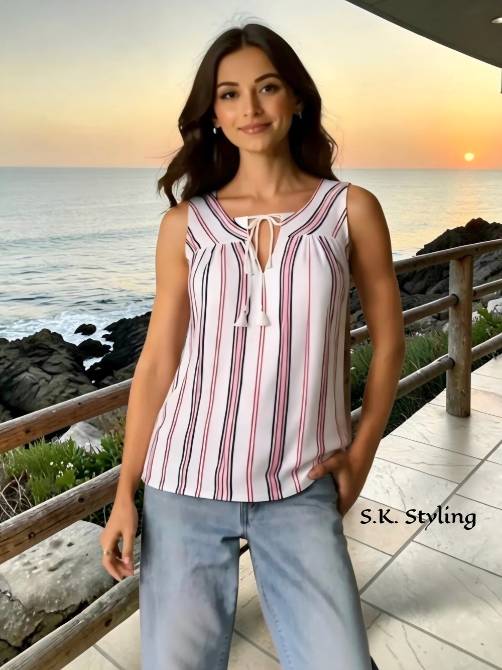 Seven7 Womens Large Sleeveless Tasseled Beachy Cotton Top White Red Blue Striped